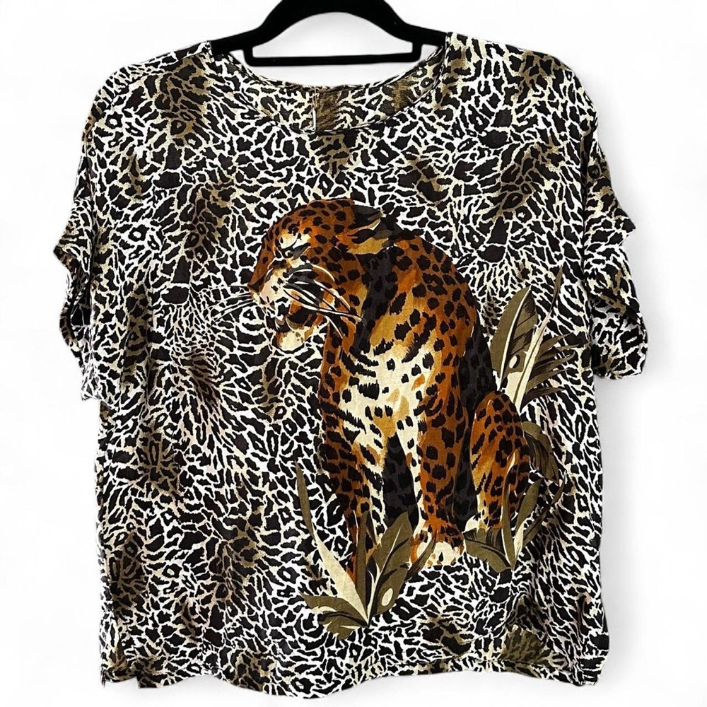 Vintage 80s Silk Leopard Animal Print Blouse